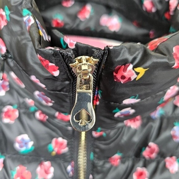 Kate Spade Black & Multicolor Floral Print Zip-Up Puffer Jacket large - Picture 4 of 11